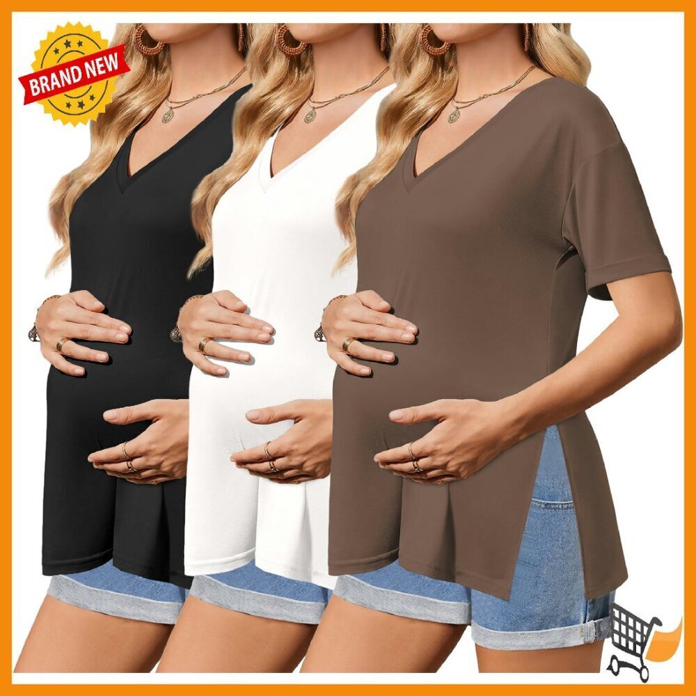 Maternity Tops 3-Pack V-Neck Short Sleeve Side Split Pregnancy Tees